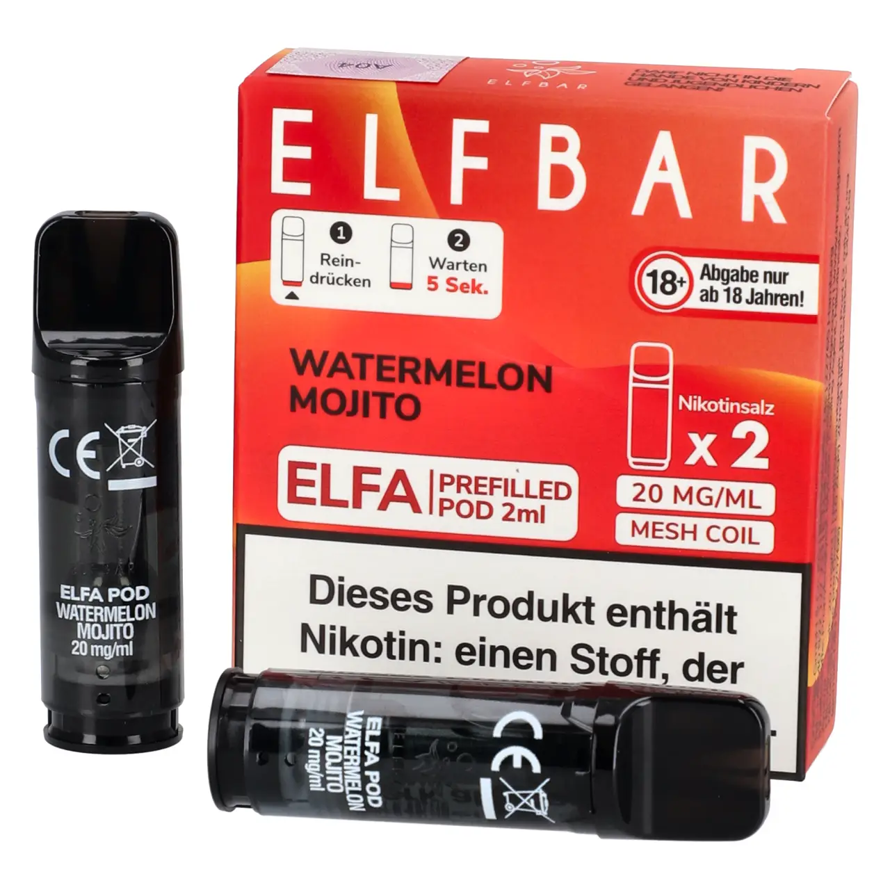 Watermelon Mojito - Elf Bar ELFA Prefilled POD für Mehrweg Vape - befüllt mit 2ml Liquid - 2er Packung