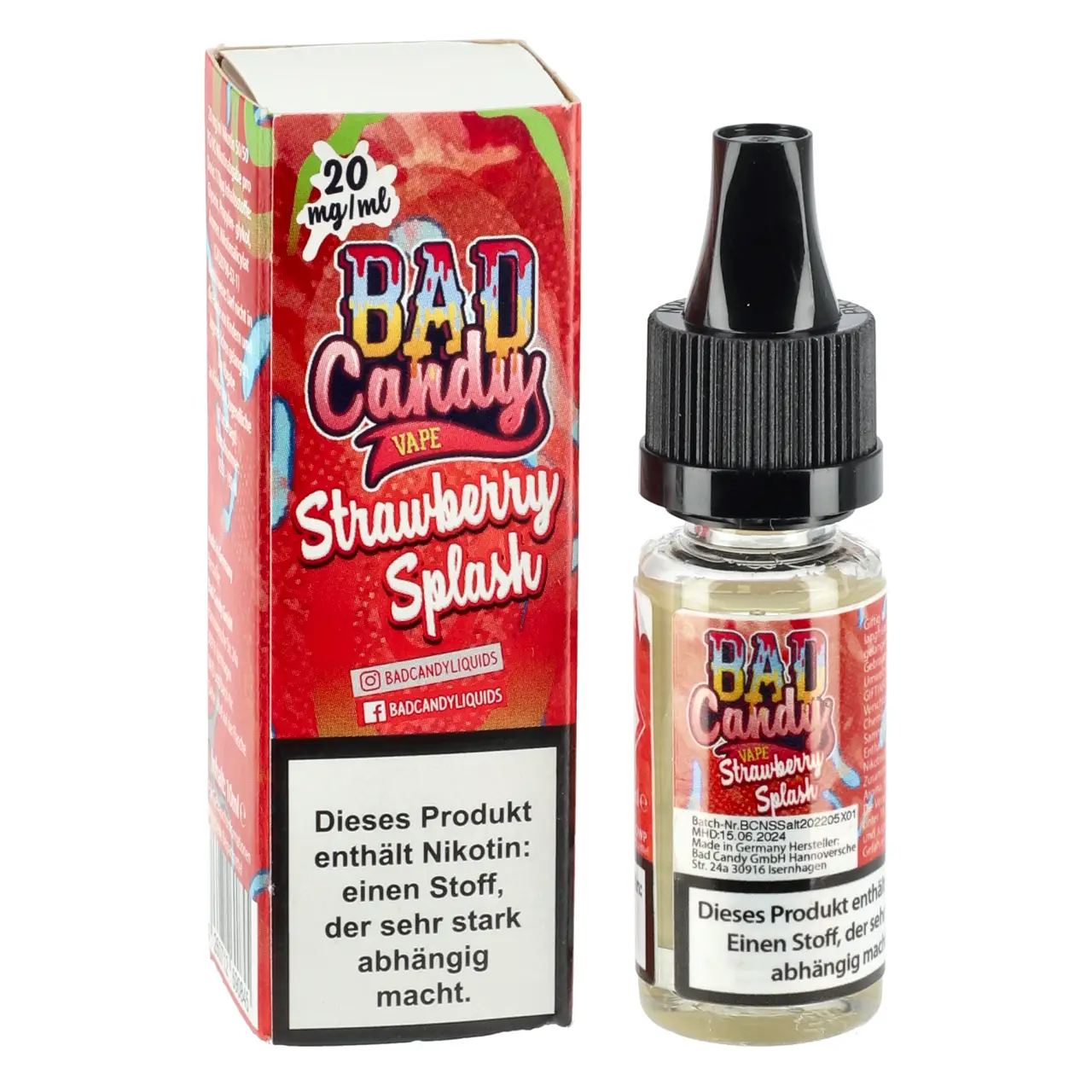 Strawberry Splash - Bad Candy Vape Nikotinsalz Liquid für Mehrweg Vape - 10ml
